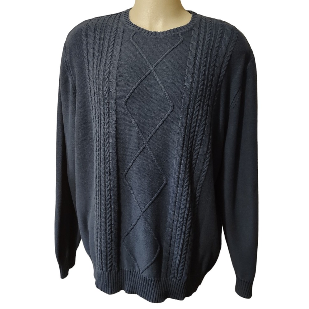 King Size Sweater 2XL Big Mens Cabin Core Navy Blue Cable Knit Argyle Retro Soft